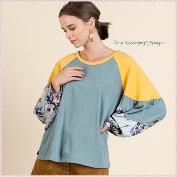 Umgee Tops - Umgee Floral Color Block Slub Knit Top
